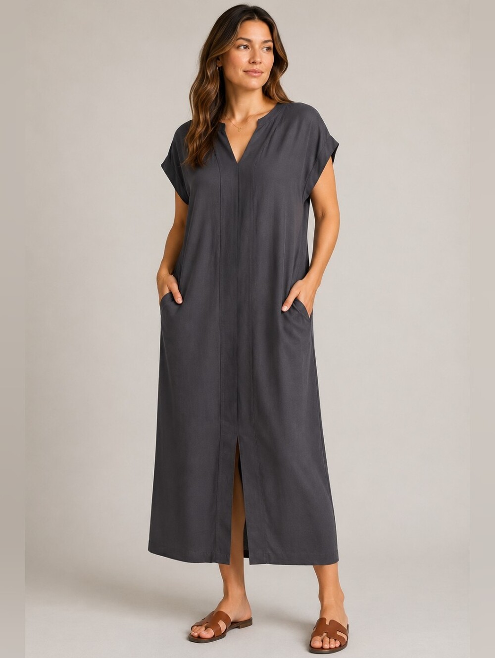 Universal Standard Grey Pinstripe Caftan Dress Shirt Loose Relaxed Pockets Med